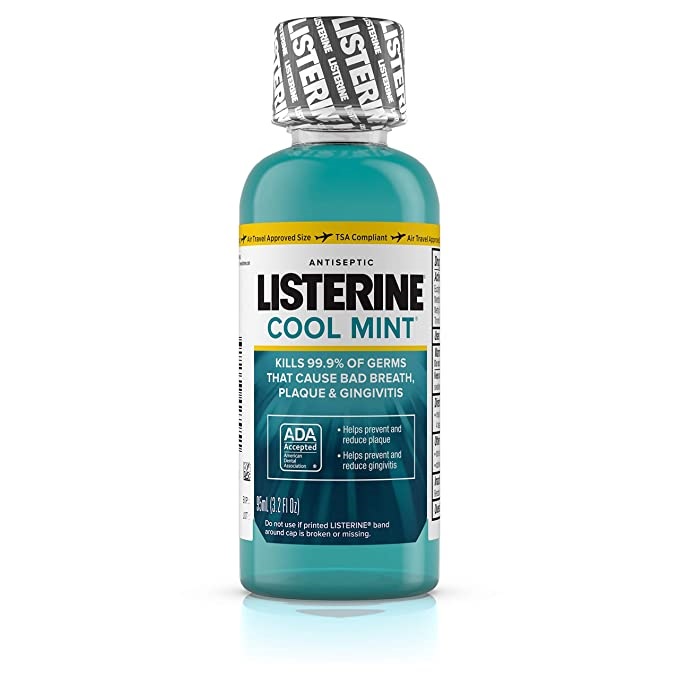 Listerine Cool Mint Antiseptic Mouthwash for Bad Breath, Plaque and Gingivitis, Travel Size, 3.2 Fl Oz_0