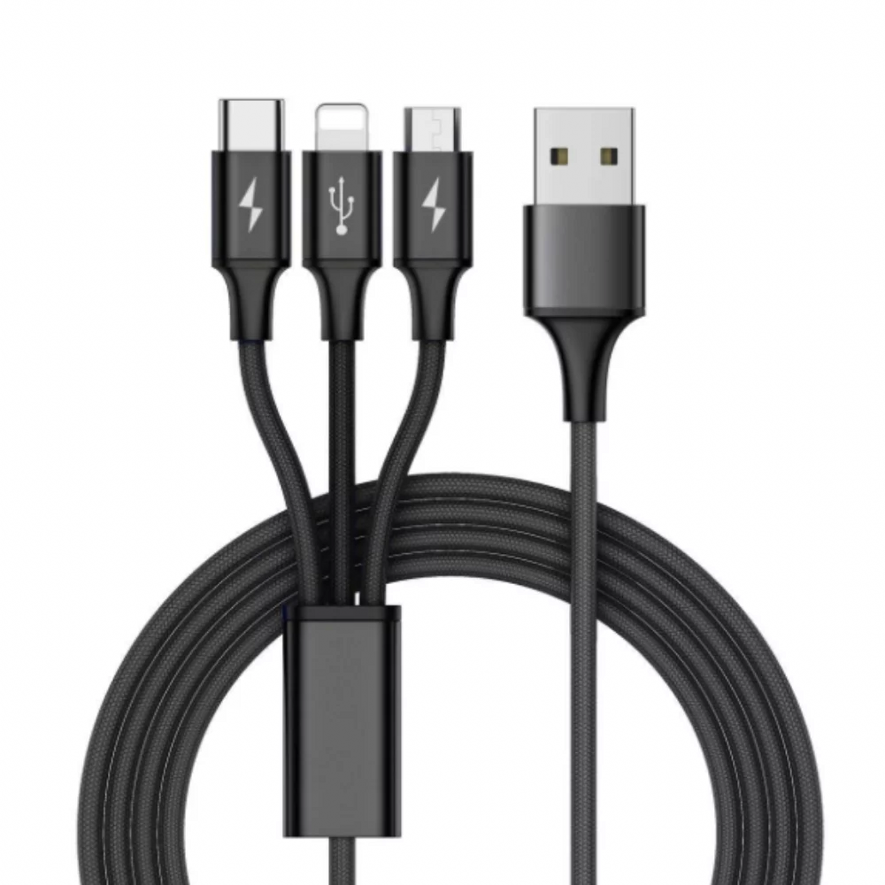 3 IN 1 LIGHTNING MICRO TYPE C USB CABLE 4 FEET BLACK