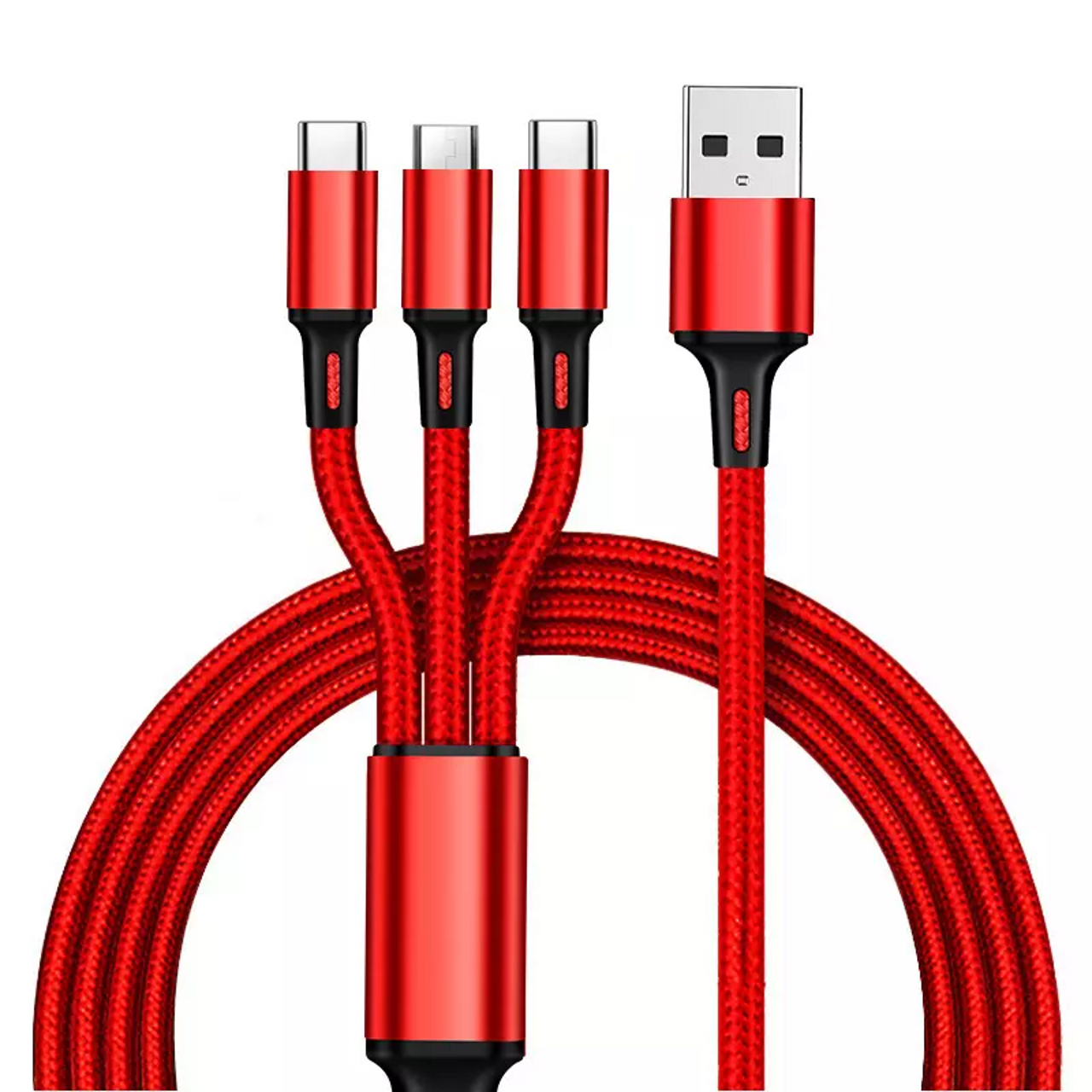 3 IN 1 LIGHTNING MICRO TYPE C USB CABLE 4 FEET RED 12CT