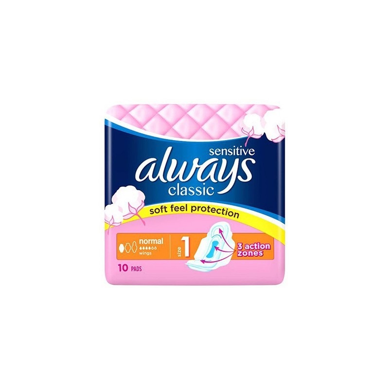 ALWAYS CLASSIC SENSITIVE NORMAL 10 PADS CLEAN FEEL PROTECTION SIZE 1