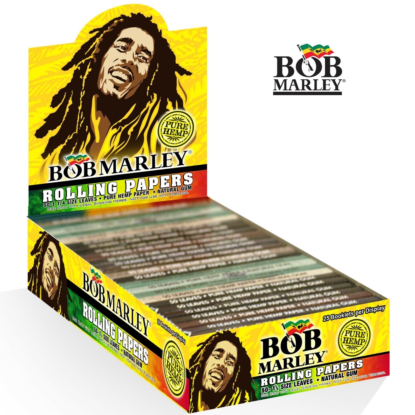 BOB MARLEY PURE HEMP 1 1/4, 1.25 ROLLING PAPERS 25 BOOKLET (50 LEAVES EACH)