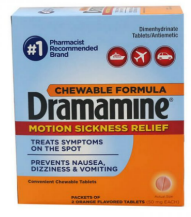 DRAMAMINE 25'S MOTION SICKNESS CHEWABLE TABLET 25 PACKETS OF 2 ORANGE FLAVOR TABLETS (50 MG EACH)